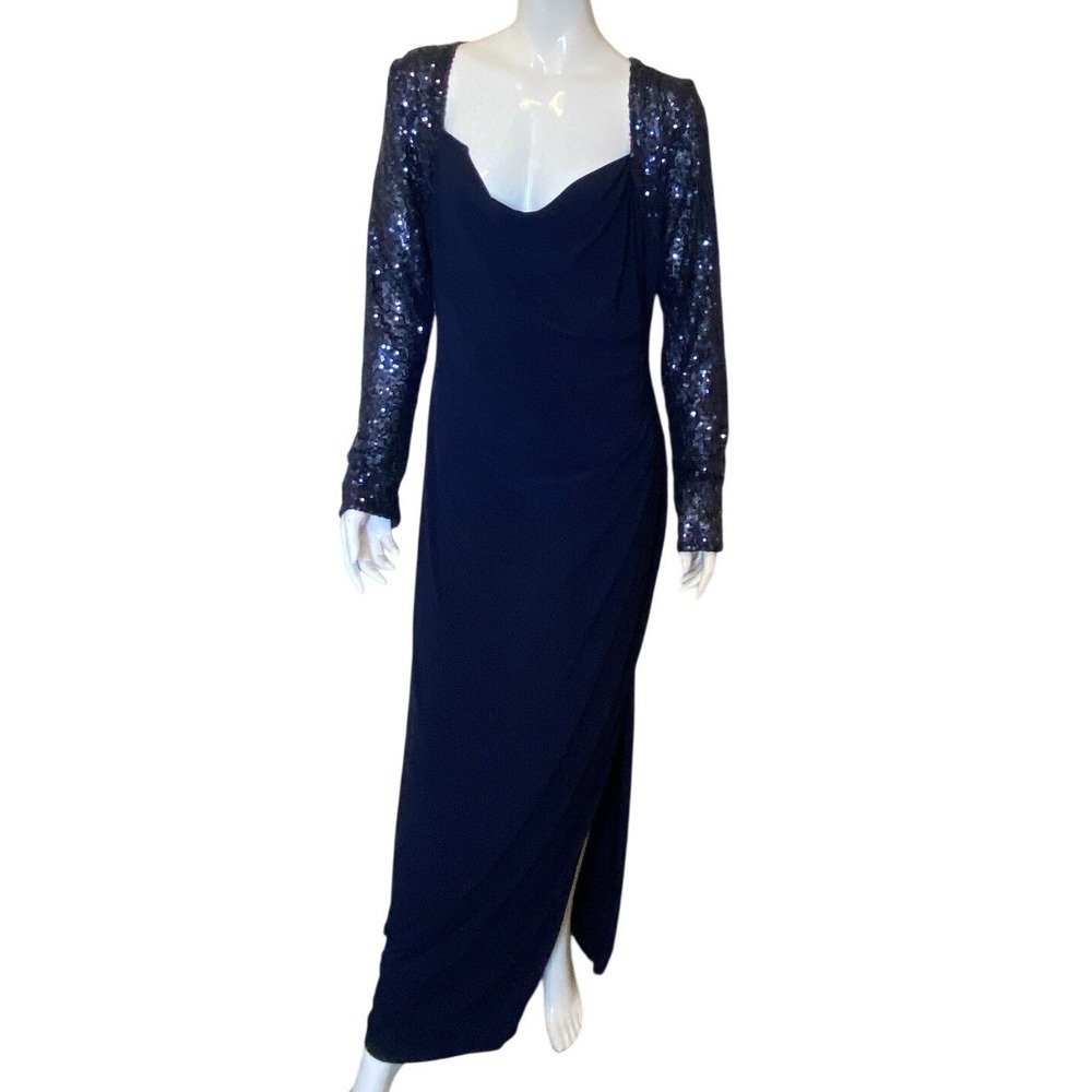 Lauren Ralph Lauren Navy Blue Sequin Sleeve Ruched Evening Gown Dress Size 14